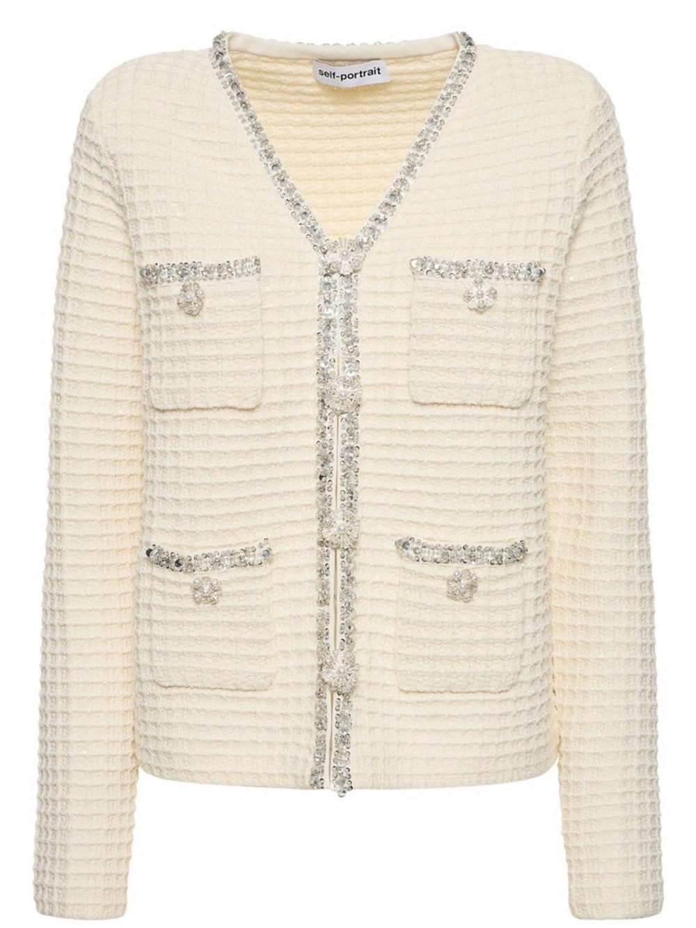 Self-Portrait Cream Crystal-Trim Waffle-Knit Cardigan w/Crystals Sz XS